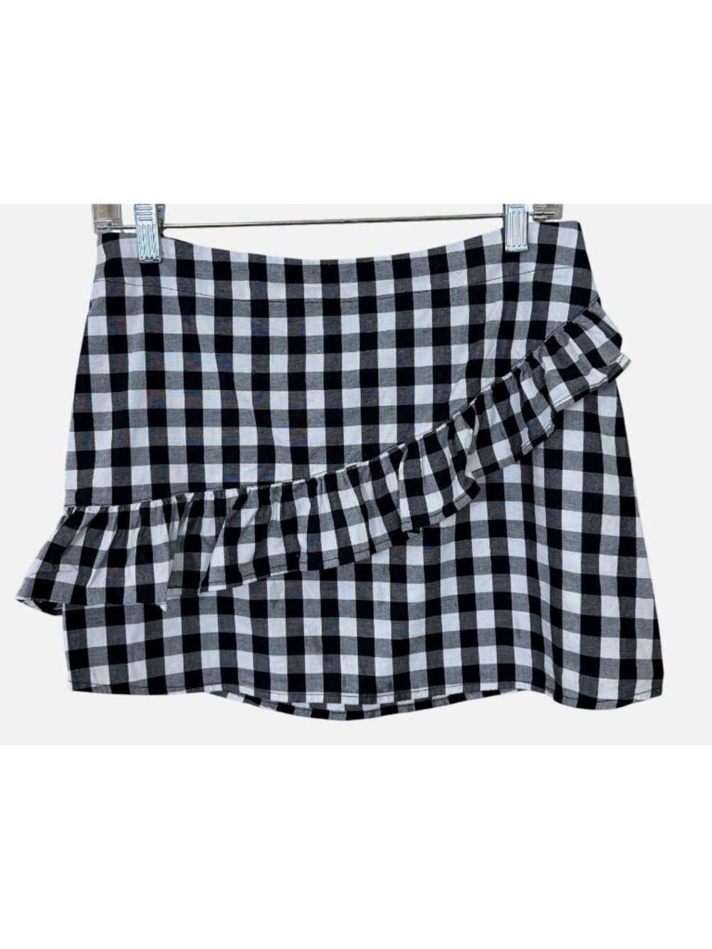 Love,Fire Black and White Gingham Asymmetrical Ruffle Cotton Mini Skirt M